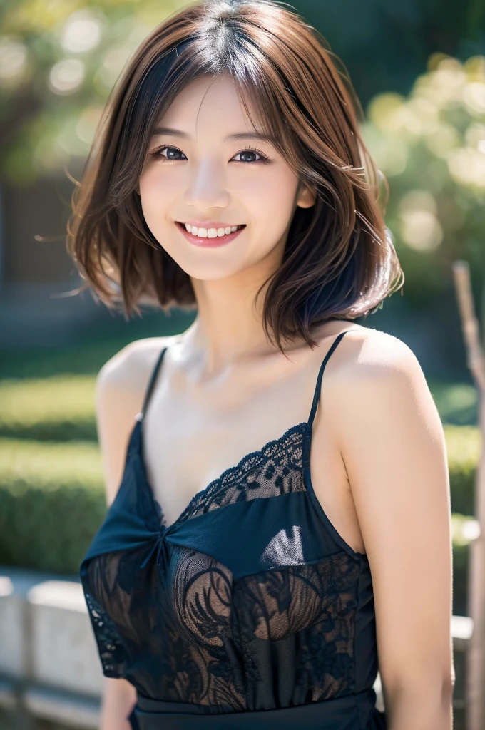 Image resolution 8K、masterpiece:1.3)、Beauty、1 female、(魅力的なBody Type:1.2)、abdomen:1.1、Dark brown hairstyle:1.1、(Body Type:1.2)、Ultra-detailed face、Attractive lips、double eyelid、Wearing a black lace one-piece dress、Super realistic and super cute in every detail、Japanese、Japanese女性、20th generation(28 years old)、Smile with a beautiful smile、Hair blowing in the wind、Short Hairstyle、