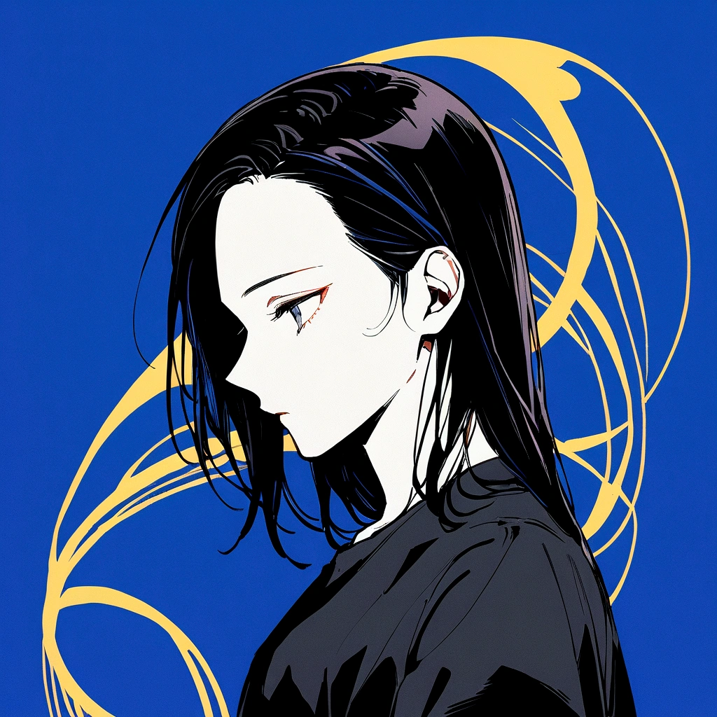 male、Beautifully straight, center parted、male、Medium black hair、profile、profileの待ち受け、黒髪のCenter part that exposes the forehead・profileのイラストアイコン,Black hair center part、Flat painting - Portrait:30代前半のmaleで、Hair should be parted in the center。 ·atmosphere:It has a stylish atmosphere.、Simple fill、With a bright feeling、Center part that exposes the forehead,Blue background、For SNS icons、T-Shirts、Solid blue background