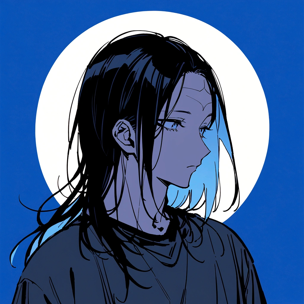 male、Beautifully straight, center parted、male、Medium black hair、profile、profileの待ち受け、黒髪のCenter part that exposes the forehead・profileのイラストアイコン,Black hair center part、Flat painting - Portrait：30代前半のmaleで、Hair should be parted in the center。 ·atmosphere：It has a stylish atmosphere.、Simple fill、With a bright feeling、Center part that exposes the forehead,Blue background、For SNS icons、T-Shirts、Solid blue background