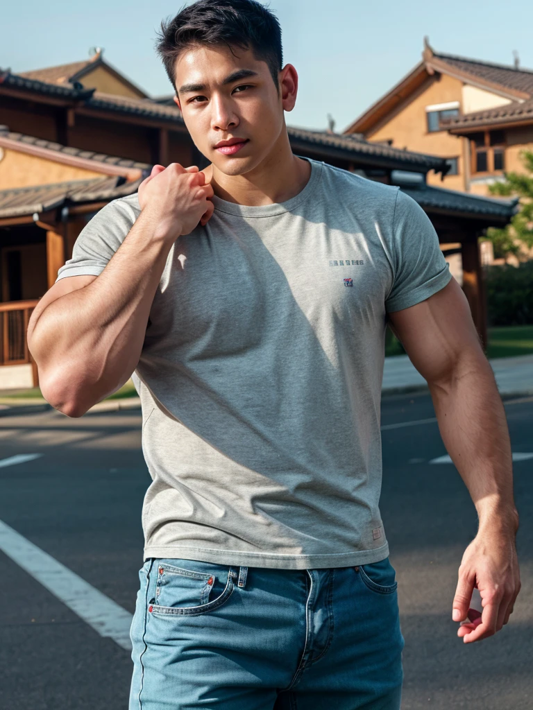 a young asian man, 20 years old, wearing a shirt and pants, dynamic movement pose, big pecs, (best quality,4k,8k,highres,masterpiece:1.2),ultra-detailed,(realistic,photorealistic,photo-realistic:1.37),HDR,UHD,rim lighting,ultra-fine painting,sharp focus,physically-based rendering,extreme detail description,professional,soft colors,bokeh,portrait,photography