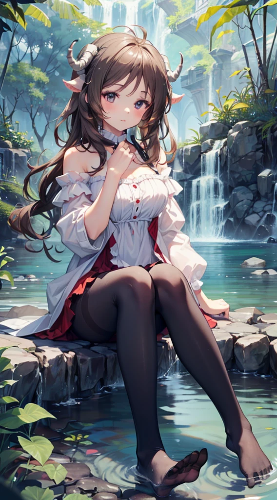 (Extremely delicate and beautiful:1.5),1girll, sitting in water， Wash your feet，pantyhose，no shoes，horn