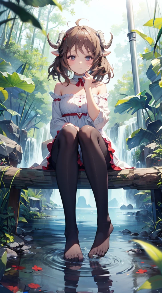 (Extremely delicate and beautiful:1.5),1girll, sitting in water， Wash your feet，pantyhose，no shoes，horn