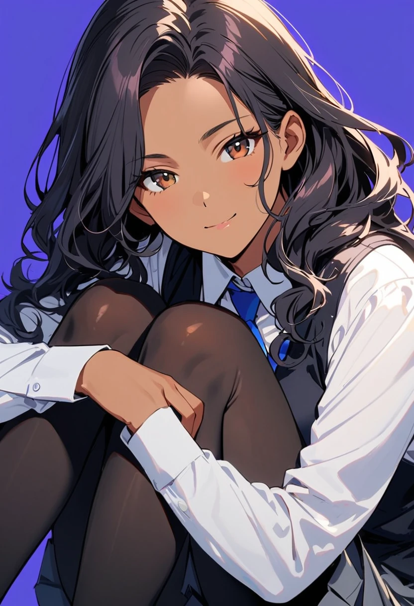 a woman, 19-years-old, solo, mature face, average height, tan skin, (long black wavy hair that's parted in the middle:1.2), no bangs, brown eyes, warm smile, black waistcoat, white formal shirt, gray pleated skirt, blue necktie, black tights, (sitting with knees up, hugging knees, head resting on knees, bright indigo background:1.1)