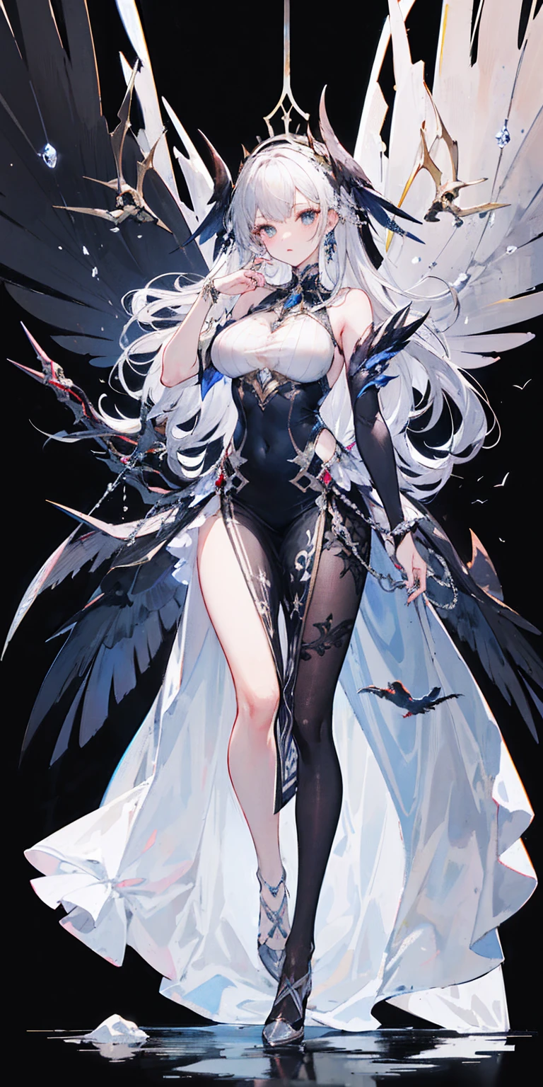 Oil painting frame,Big Perspective,Wide Angle,Impactful graphics,floating,sideways,Character Close-up,4K,masterpiece,best quality,ruins,(Transparent skirt,black background),Clear,master,Various actions,Full body portrait,portrait,1 female, (Mature),Long face,Pointed face,White long hair,Fairy,gemstone crow,Wings Dress, Mecha,Fairy air,ribbon, diamond, Bare shoulders, crow, Looking at the audience, in the sky, fLight, Vibrant colors, Light, masterpiece, best quality, flight,Mature,asymmetrical clothes,HighLights,Long skirt,Own,Personal Photography
