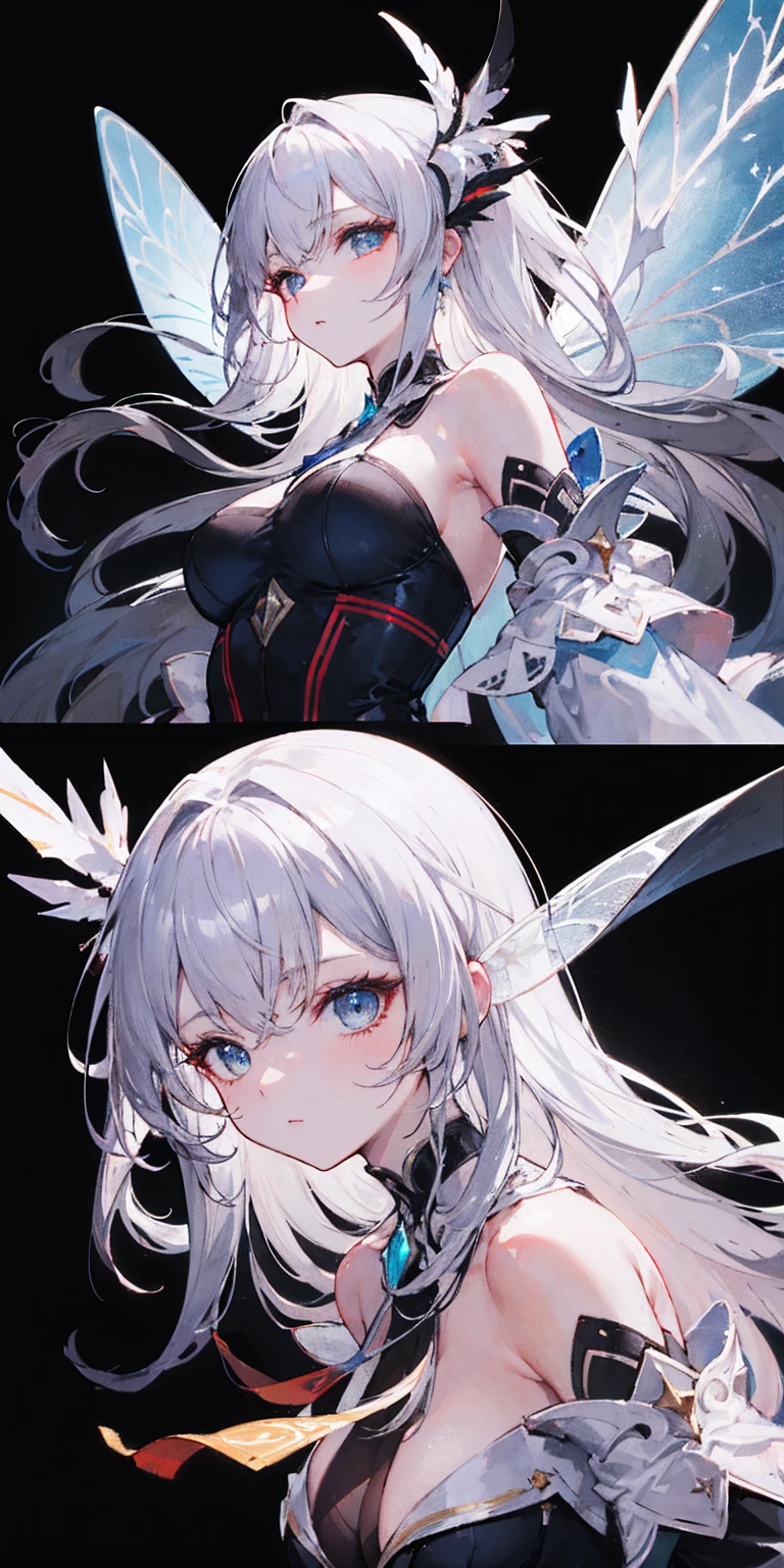 vtuber model, silver hair, grey hair, long hair, straight hair, expressive hair, heart-shaped pupils, dilated pupils, embarrassed, blush, blue eyes, heart in eye, naughty, Conceptual art, modern, anime style, anime, reference sheet, multiple views, from behind, from below, from side, UHD, masterpiece, anatomically correct, super detail, textured skin, high details, high quality, best quality, highres, 8k, art concep, character design, teen