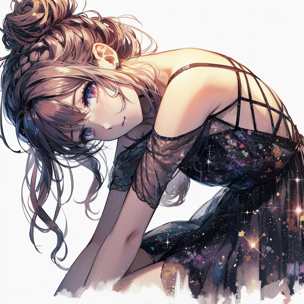 anime girl with long hair and black dress with stars in the background, beautiful anime girl, anime girl wearing a black dress, (anime girl), beautiful anime portrait, beautiful anime style, anime girl with cosmic hair, cute anime waifu in a nice dress, pretty anime girl, beautiful anime woman, beautiful anime, anime girl, profile of anime girl, guweiz, detailed drawn beautiful eyes, detailed beautiful sexy large breast