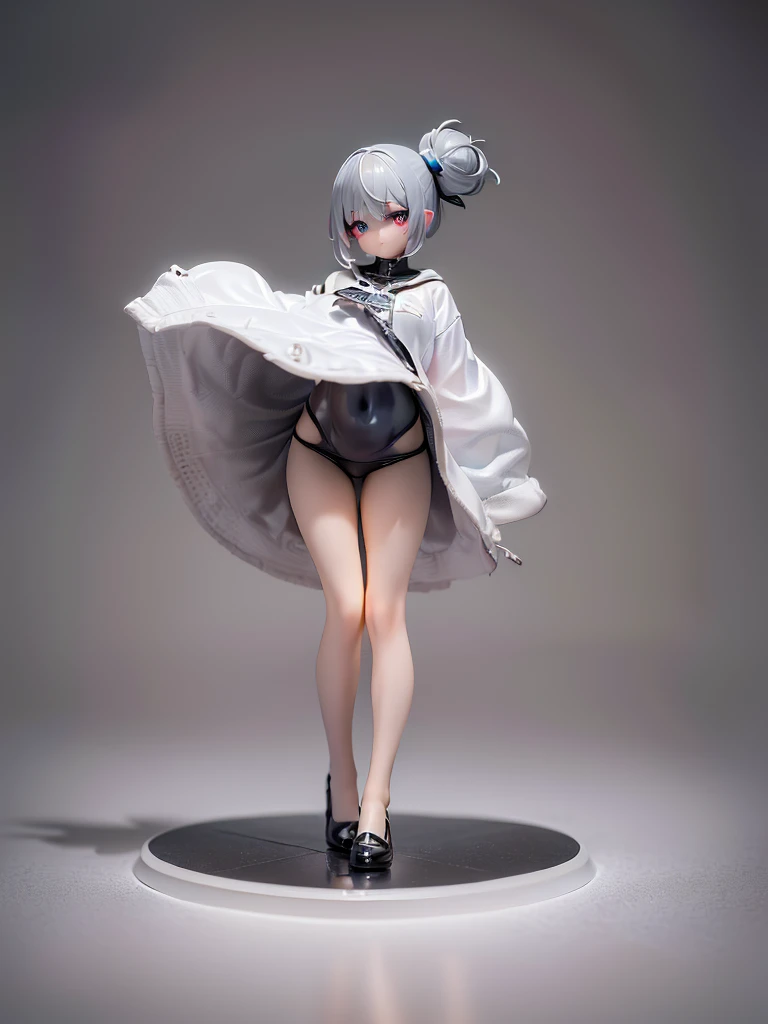 (((Masterpiece))), (high quality),Grey type aliens,15 year old girl alien,(Skinhead,Gray aliens,Large, dark, almond-shaped eyes,:1.5),(No hair, no whites, no ears:1.5),Wearing a silver body-fitting suit,Plain background