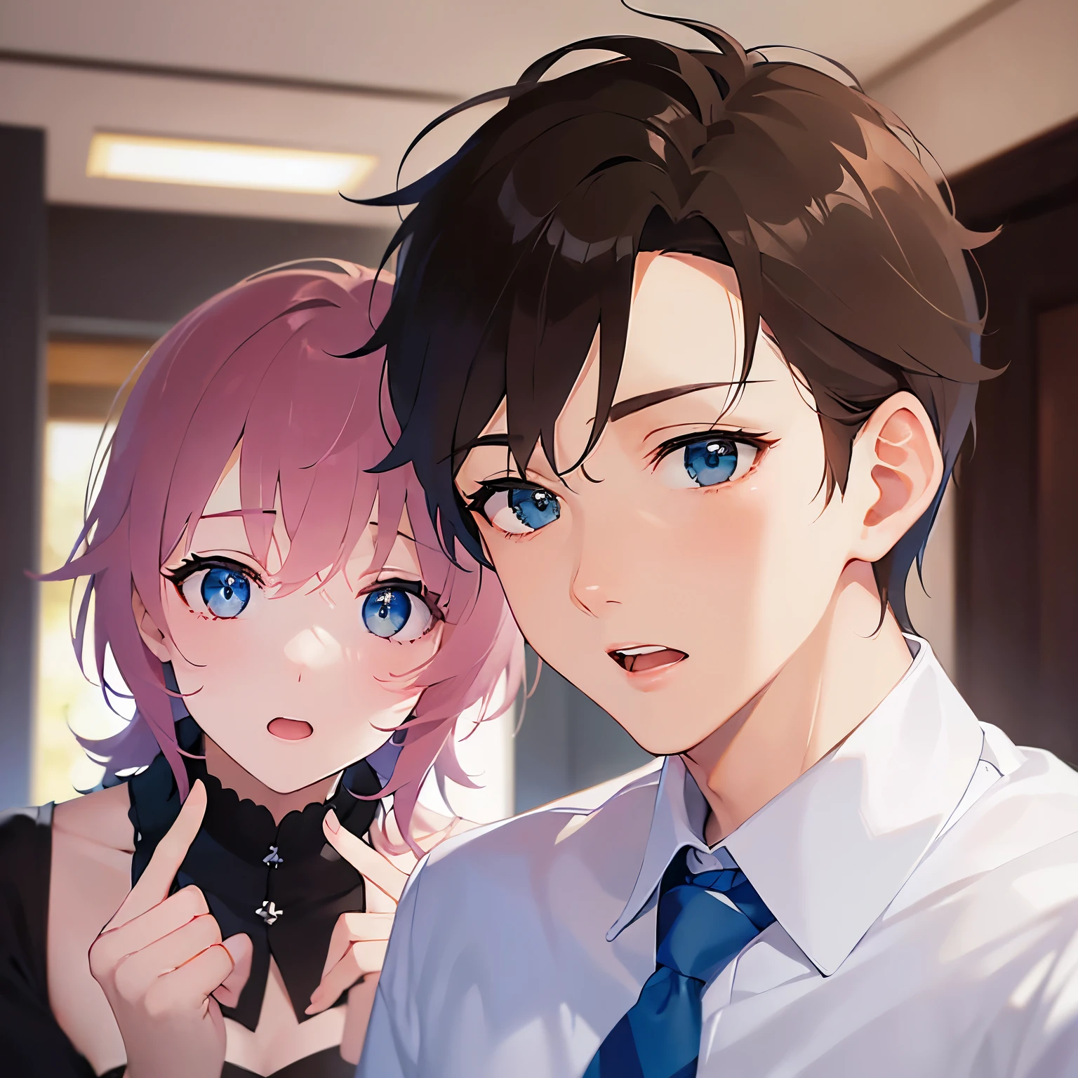 BREAK (25-year-old male:1.5) and (Mahogany brown short hair) and (Green Eyes) BREAK (white collared shirt) and (Blue tie)、(looking back:1.5),Side shot masterpiece、Highest quality、blush, (surprised:1.5), The background is the office lobby.、(alone:1.5),open mouth