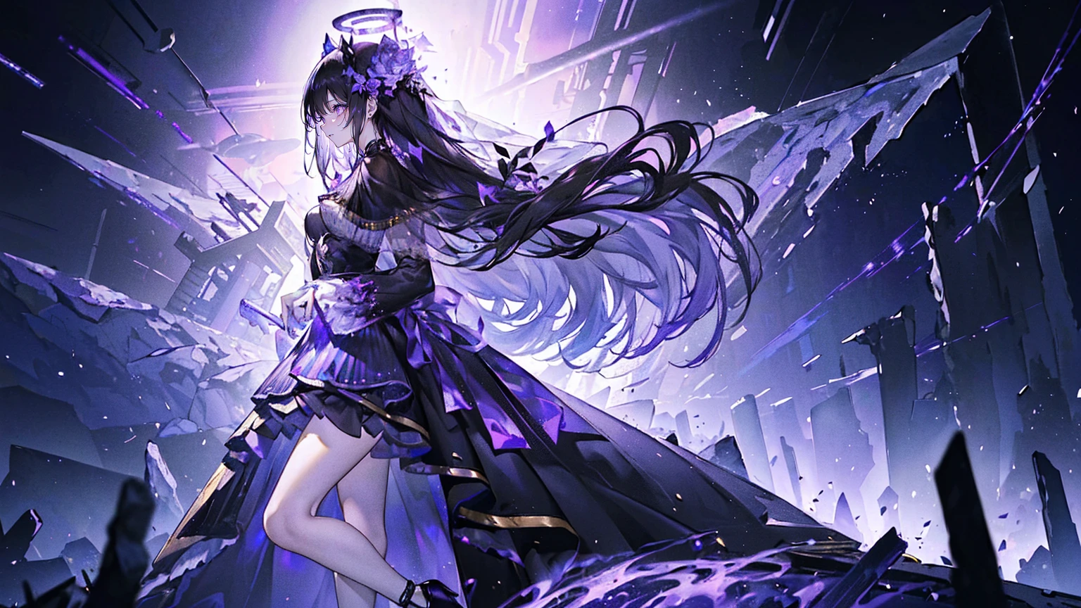(Super detailed)),((illustration))，((masterpiece)),(((need))),((fine、Highest quality CG Unity 8K wallpapers，masterpiece），（（4K，masterpiece，best quality）），woman with long black hair，Confined in a coffin，Mature，Hair tied on both sides，Black and gold tulle skirt，Black veil，Purple-white halo，Black and purple high heels，Full of flowers，pyramid，Emitting dim purple light，under deep sea，under deep sea的废墟，under deep sea排满棺材，Mysterious symbols