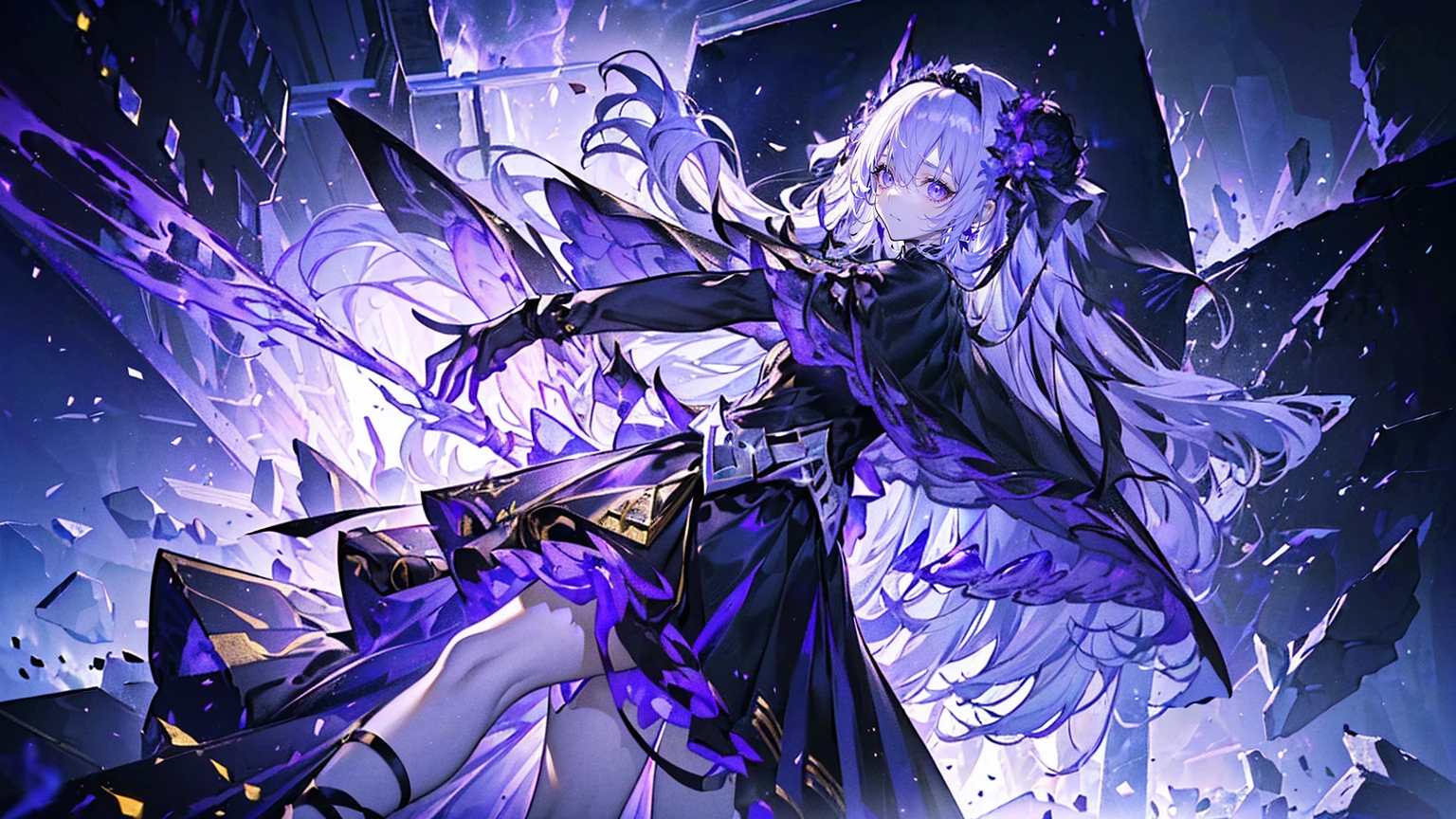 (Super detailed)),((illustration))，((masterpiece)),(((need))),((fine、Highest quality CG Unity 8K wallpapers，masterpiece），（（4K，masterpiece，best quality）），woman with long black hair，Confined in a coffin，Mature，Hair tied on both sides，Black and gold tulle skirt，Black veil，Purple-white halo，Black and purple high heels，Full of flowers，pyramid，Emitting dim purple light，under deep sea，under deep sea的废墟，under deep sea排满棺材，Mysterious symbols