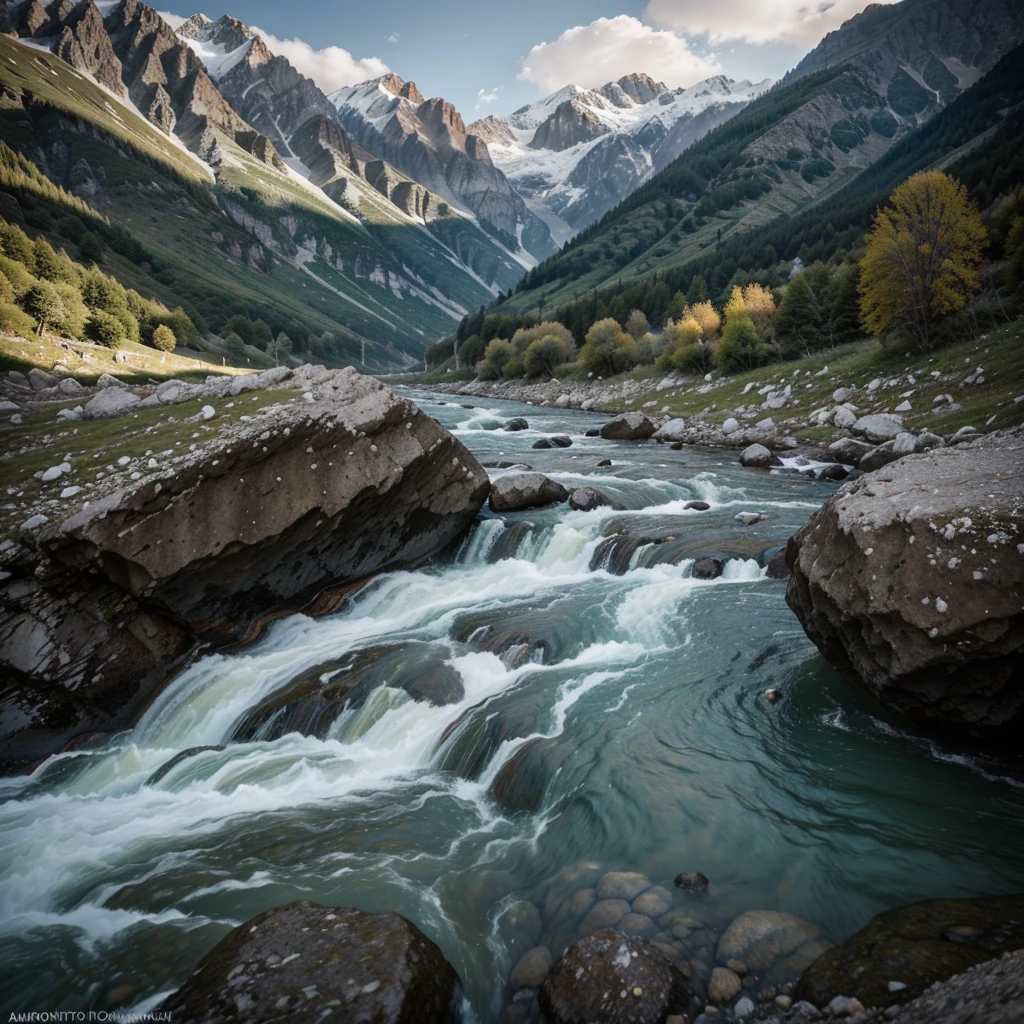 The image shows the high Caucasus mountains, rich colors, at the foot of the mountains flows a stormy river with clear water, super realization 8k, фотоаппарат canon , в далеке парит орел