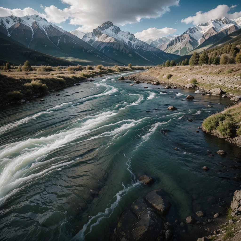 The image shows the high Caucasus mountains, rich colors, at the foot of the mountains flows a stormy river with clear water, super realization 8k, фотоаппарат canon , в далеке парит орел
