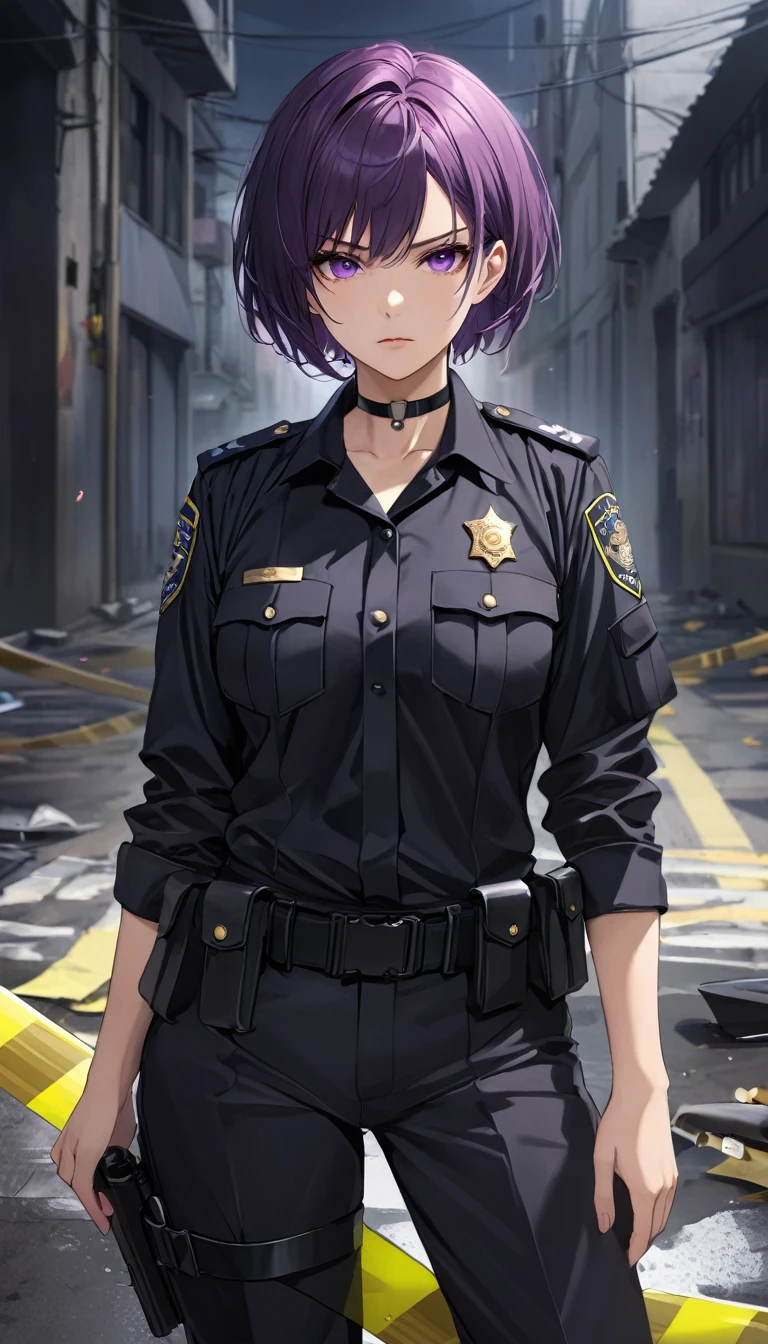 High-resolution anime digital art, Masterpiece, upper body, tomboy, mature, sexy, smart, short hair color pitch black, real detail eyes pupil purple, Wear Black Cops Uniforms, black chokers, Serious face, Crime Scene, Full Body, Alone.