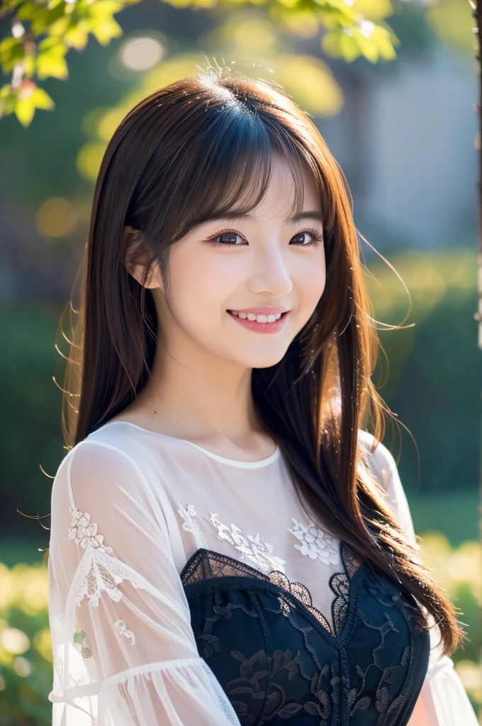 Image resolution 8K、masterpiece:1.3)、Beauty、1 female、(魅力的なBody Type:1.2)、abdomen:1.1、Dark brown hairstyle:1.1、(Body Type:1.2)、Ultra-detailed face、Attractive lips、double eyelid、Wearing a black lace one-piece dress、Super realistic and super cute in every detail、Japanese、Japanese女性、20th generation(28 years old)、Smile with a beautiful smile、Hair blowing in the wind、color々Hair style、