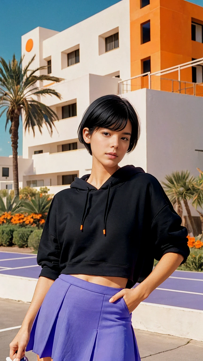 (long shot portrait :1.3), of cute 23 yo girl (perfect beautiful body ) ,beautiful face, (realistic face),(perfect natural breast),wear ((orange color oversized hoodie)), wear ((purple tennis skirt)),looking viewer,Best Quality,Masterpiece,Ultra High Resolution,(Realisticity:1.4),Original Photo, 1Girl, light leak,ultra high resolution,UHD,beautiful, (black bob hair), almond eye, no makeup, in front of ((80's mondrian architecture motel)), (realistic:1.2), (surreal:1.3), (very detailed:1.1), ((masterpiece)),summer, blue sky, palm trees,sunny, los angles vibes,film camera, 800mm lens,style of Philip Lorca diCorcia,beautiful face, (realistic face), (black hair, short hair:1.3)