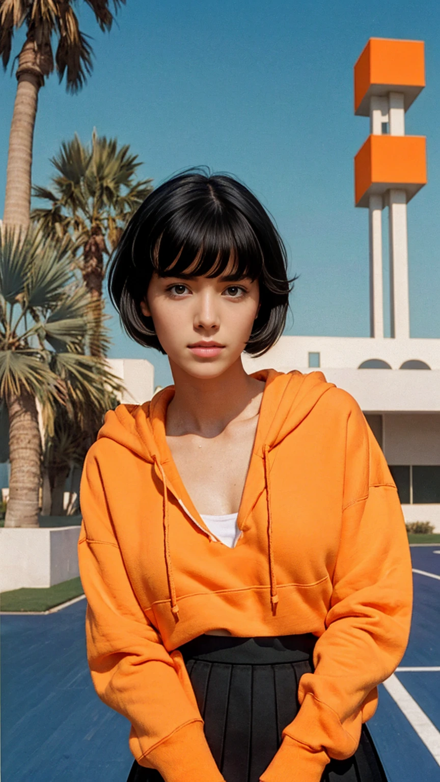 (long shot portrait :1.3), of cute 23 yo girl (perfect beautiful body ) ,beautiful face, (realistic face),(perfect natural breast),wear ((orange color oversized hoodie)), wear ((purple tennis skirt)),looking viewer,Best Quality,Masterpiece,Ultra High Resolution,(Realisticity:1.4),Original Photo, 1Girl, light leak,ultra high resolution,UHD,beautiful, (black bob hair), almond eye, no makeup, in front of ((80's mondrian architecture motel)), (realistic:1.2), (surreal:1.3), (very detailed:1.1), ((masterpiece)),summer, blue sky, palm trees,sunny, los angles vibes,film camera, 800mm lens,style of Philip Lorca diCorcia,beautiful face, (realistic face), (black hair, short hair:1.3)