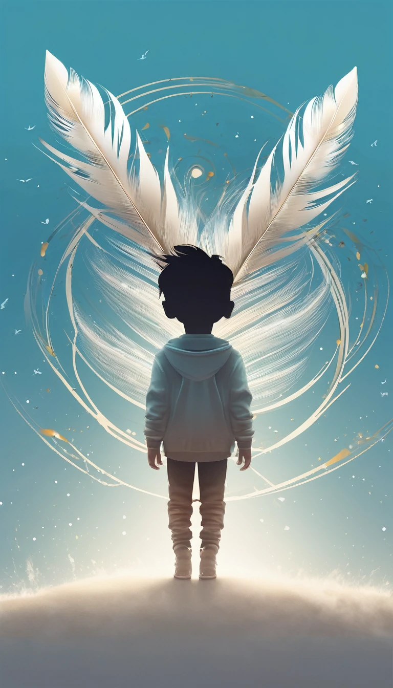 Create a minimal, modern, simple, inspirational, fantastic, poetic, epic, original, memorable, dream like, cinematic white logo design of a dreamer boy and a cinematic, memorable feather for the brand “Penamemoria". The logo design must show the friendship and companionship between a dreamer boy and a fantasy feather