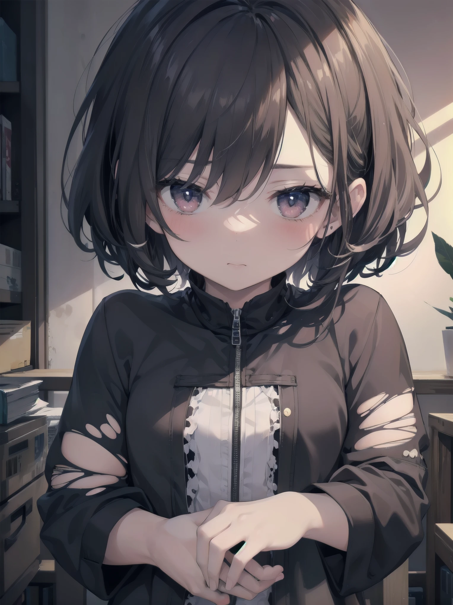 Masterpiece、Cinematic、Highest quality、Super detailed、Detailed clothing、Clear Face、Detailed face、Detailed skin、1人のgirl、6 、girl、、Torn clothes、、Worn clothes、Embarrassing、blush、Looking down、Loose wearing、despair、fear、A dark room、Blackout
