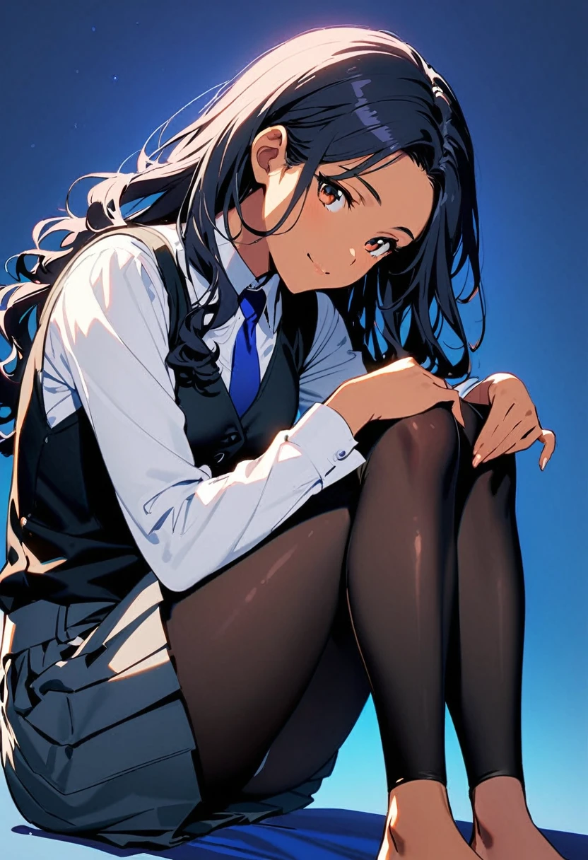a woman, 19-years-old, solo, mature face, average height, tan skin, (long black wavy hair that's parted in the middle:1.2), no bangs, brown eyes, warm smile, black waistcoat, white formal shirt, gray pleated skirt, blue necktie, black tights, (sitting with knees up, hugging knees, head resting on knees, bright indigo background:1.1)