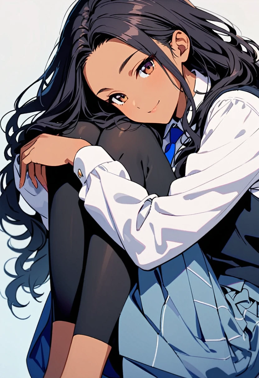 a woman, 19-years-old, solo, mature face, average height, tan skin, (long black wavy hair that's parted in the middle:1.2), no bangs, brown eyes, warm smile, black waistcoat, white formal shirt, gray pleated skirt, blue necktie, black tights, (sitting with knees up, hugging knees, head resting on knees, bright indigo background:1.1)