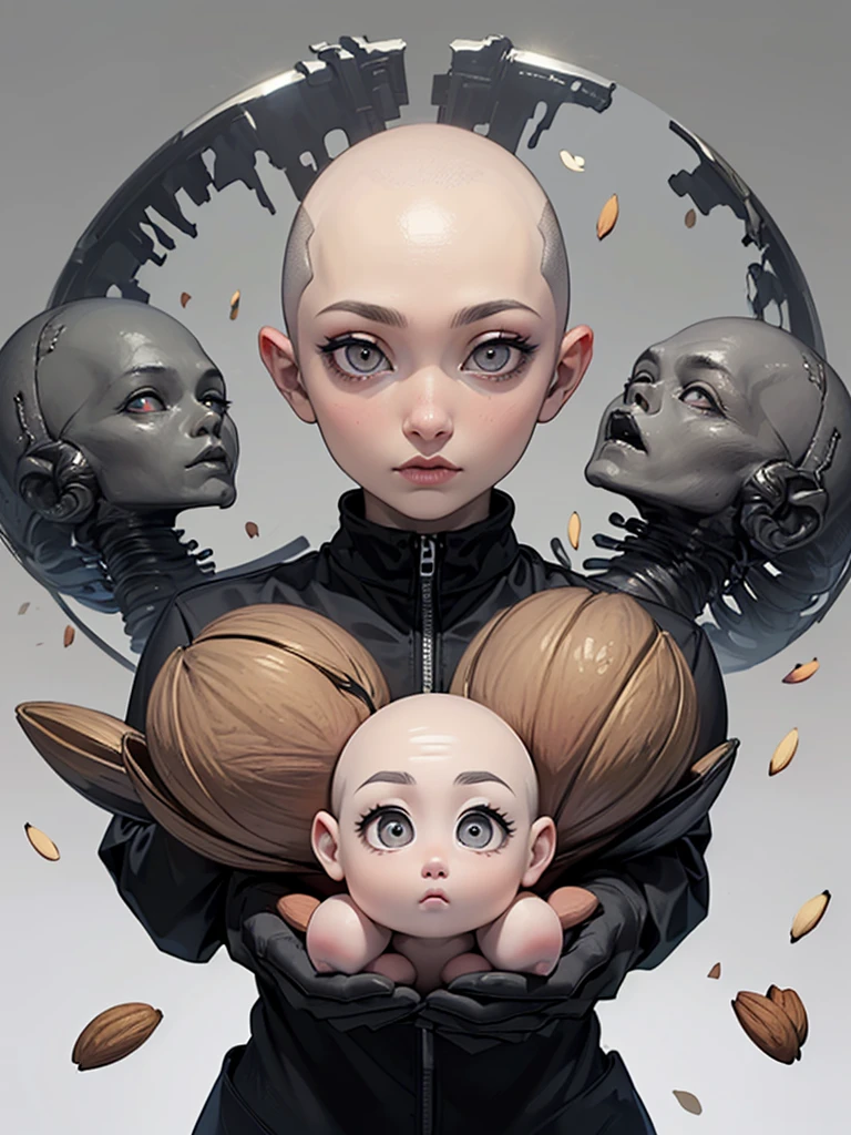 (((Masterpiece))), (high quality),Grey type aliens,15 year old girl alien,(Skinhead,Gray aliens,Large, dark, almond-shaped eyes,:1.5),(No hair, no whites, no ears:1.5),Wearing a silver body-fitting suit,Plain background