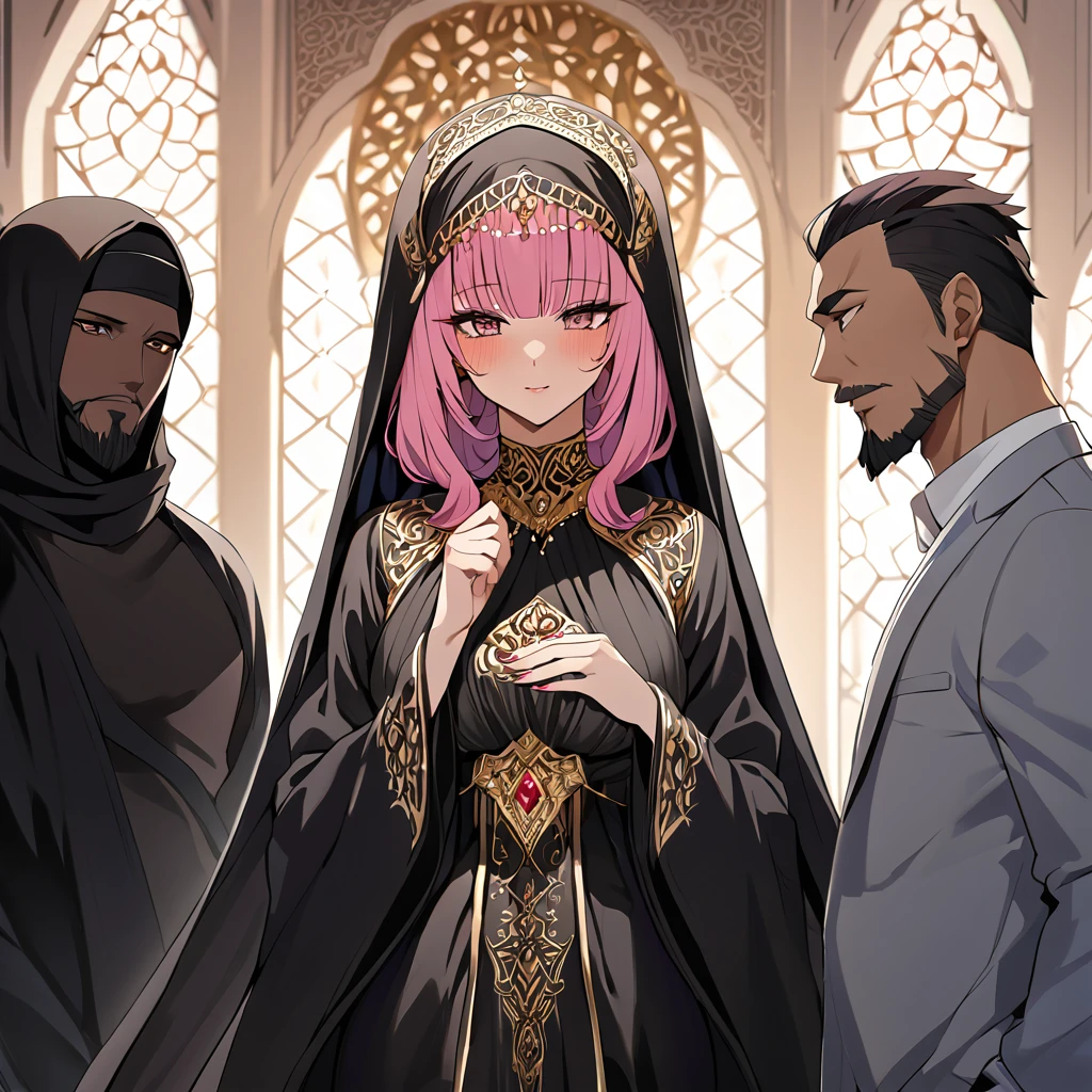 ((Highest quality)), ((masterpiece)), (detailed), （Perfect Face）、Women must wear black hijabs and niqabs、The woman is Momo Beria Deviluke, a devout Muslim., Arab with bright brown skin, In an Islamic prayer hall、She wears a gorgeous black abaya with gold embroidery.。, A gorgeous black hijab and niqab tightly covers her head, Gorgeous hair ornament, Gorgeous jewellery and engagement rings. The woman and the man are in a luxurious palace, And the woman、Wearing Arab national dress、In an Islamic prayer hall with a dignified bearded middle-aged Arab Muslim man、The woman is the elegant Momo Belia Deviluke., Pink hair short bob, Black abaya and、The woman is wearing a gorgeous black hijab and niqab. She is a devout Muslim Arab with vibrant brown skin.。.、（The woman was named Momo Belia Deviluke.、He is a dark-skinned Arab and a devout Muslim.）