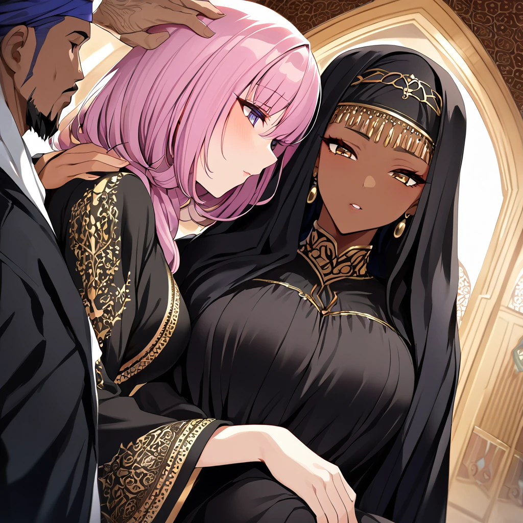 ((Highest quality)), ((masterpiece)), (detailed), （Perfect Face）、Women must wear black hijabs and niqabs、The woman is Momo Beria Deviluke, a devout Muslim., Arab with bright brown skin, In an Islamic prayer hall、She wears a gorgeous black abaya with gold embroidery.。, A gorgeous black hijab and niqab tightly covers her head, Gorgeous hair ornament, Gorgeous jewellery and engagement rings. The woman and the man are in a luxurious palace, And the woman、Wearing Arab national dress、In an Islamic prayer hall with a dignified bearded middle-aged Arab Muslim man、The woman is the elegant Momo Belia Deviluke., Pink hair short bob, Black abaya and、The woman is wearing a gorgeous black hijab and niqab. She is a devout Muslim Arab with vibrant brown skin.。.、（The woman was named Momo Belia Deviluke.、He is a dark-skinned Arab and a devout Muslim.）