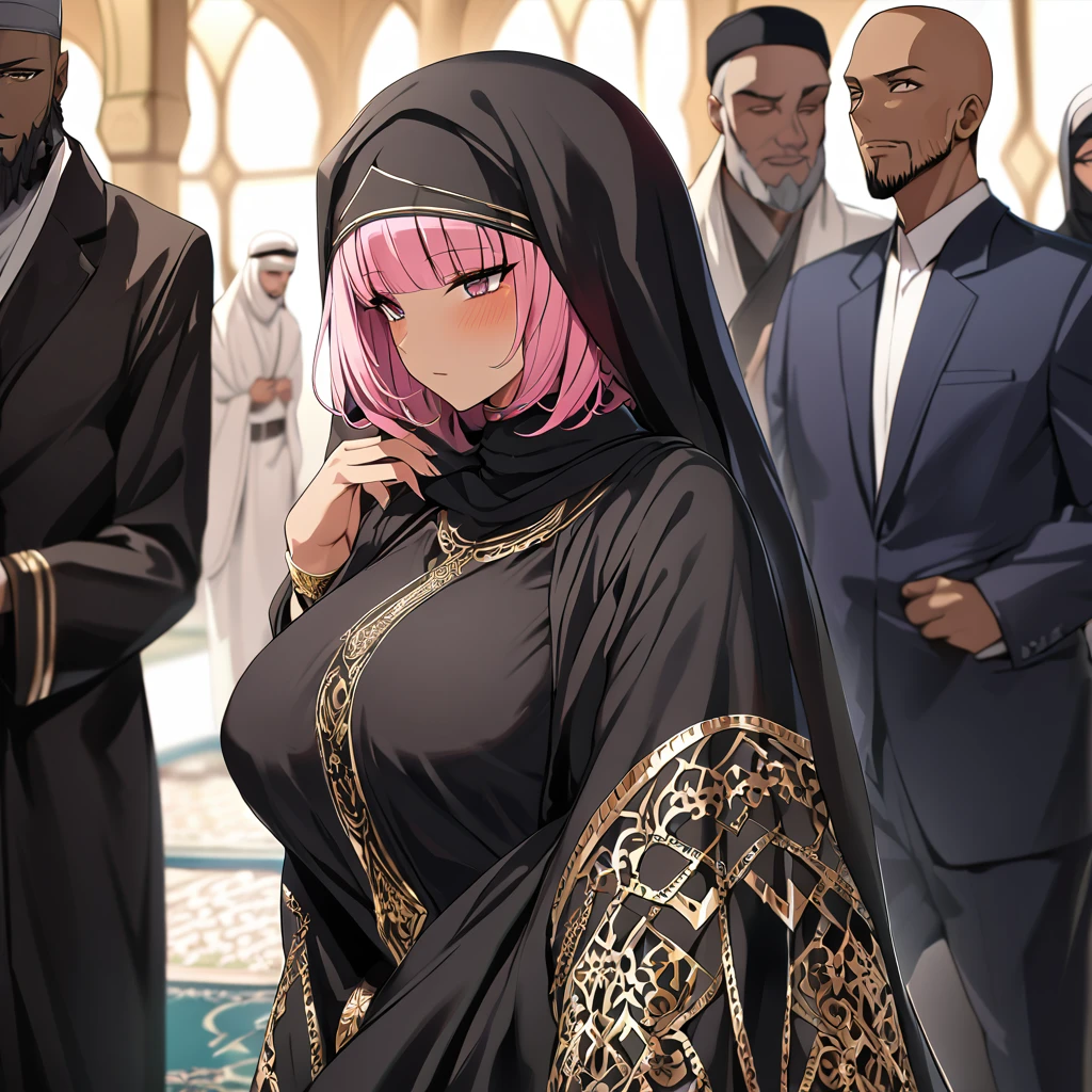 ((Highest quality)), ((masterpiece)), (detailed), （Perfect Face）、Women must wear black hijabs and niqabs、The woman is Momo Beria Deviluke, a devout Muslim., Arab with bright brown skin, In an Islamic prayer hall、She wears a gorgeous black abaya with gold embroidery.。, A gorgeous black hijab and niqab tightly covers her head, Gorgeous hair ornament, Gorgeous jewellery and engagement rings. The woman and the man are in a luxurious palace, And the woman、Wearing Arab national dress、In an Islamic prayer hall with a dignified bearded middle-aged Arab Muslim man、The woman is the elegant Momo Belia Deviluke., Pink hair short bob, Black abaya and、The woman is wearing a gorgeous black hijab and niqab. She is a devout Muslim Arab with vibrant brown skin.。.、（The woman was named Momo Belia Deviluke.、He is a dark-skinned Arab and a devout Muslim.）