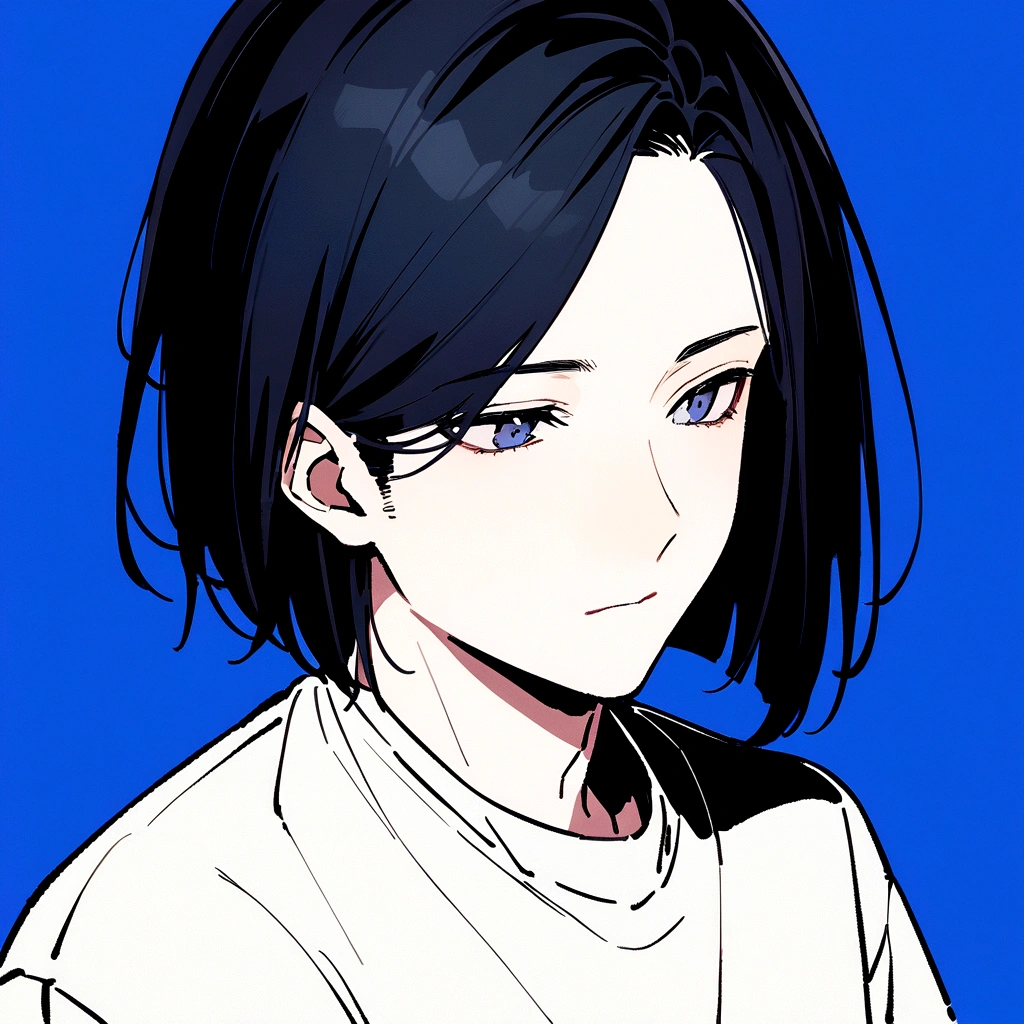 male、Beautifully straight, center parted、male、Medium black hair、profile、profileの待ち受け、黒髪のCenter part that exposes the forehead・profileのイラストアイコン,Black hair center part、Flat painting - Portrait：30代前半のmaleで、Hair should be parted in the center。 ·atmosphere：It has a stylish atmosphere.、Simple fill、With a bright feeling、Center part that exposes the forehead,Blue background、For SNS icons、T-Shirts、Solid blue background