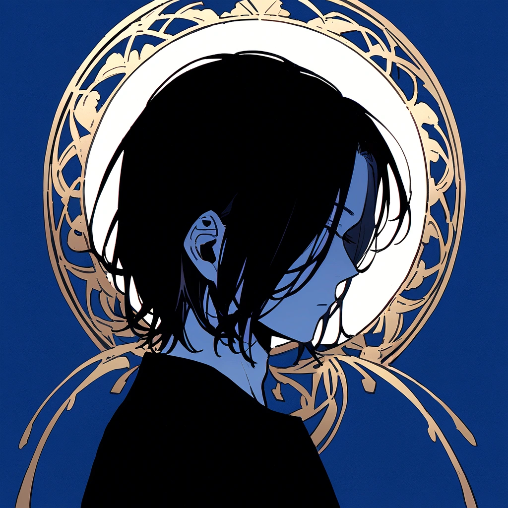 male、Beautifully straight, center parted、male、Medium black hair、profile、profileの待ち受け、黒髪のCenter part that exposes the forehead・profileのイラストアイコン,Black hair center part、Flat painting - Portrait:30代前半のmaleで、Hair should be parted in the center。 ·atmosphere:It has a stylish atmosphere.、Simple fill、With a bright feeling、Center part that exposes the forehead,Blue background、For SNS icons、T-Shirts、Solid blue background