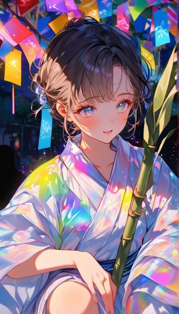 Tanabata、Strip、Bamboo leaf、Stripに願いをこめて、Stripを持っている、Grilling in a yukata,fluid,Particles of light, dream-like,Sparkling,dream-like glow,Paint drips,oil,strong stroke,Paint drips,Splash Paint Drop, oil,(Abstract:1.2)A girl and a boy made up of(Tanabataライトトレース:1.25),Change to (Radioluminescence light tracking) スタイルTanabata,They are Orihime and Hikoboshi(Cowboy Shot,Above Knee Portrait:1.25),Temple Fair,Summer festival,Shining in rainbow colors、16K, Ultra-high resolution, to be born,wonderful ,future、Iridescent、The world 30 years from now。