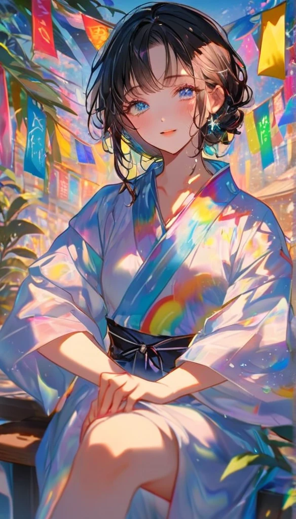 Tanabata、Strip、Bamboo leaf、Stripに願いをこめて、Stripを持っている、Grilling in a yukata,fluid,Particles of light, dream-like,Sparkling,dream-like glow,Paint drips,oil,strong stroke,Paint drips,Splash Paint Drop, oil,(Abstract:1.2)A girl and a boy made up of(Tanabataライトトレース:1.25),Change to (Radioluminescence light tracking) スタイルTanabata,They are Orihime and Hikoboshi(Cowboy Shot,Above Knee Portrait:1.25),Temple Fair,Summer festival,Shining in rainbow colors、16K, Ultra-high resolution, to be born,wonderful ,future、Iridescent、The world 30 years from now。