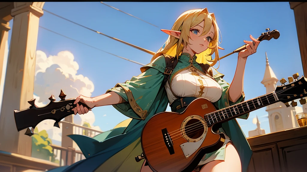Anime Style,Nostalgic,Detailed background,The medieval world,A lively bar with lots of people,Beautiful sky,Beautiful Elf Bard,guitar,Large Breasts,Healthy thighs