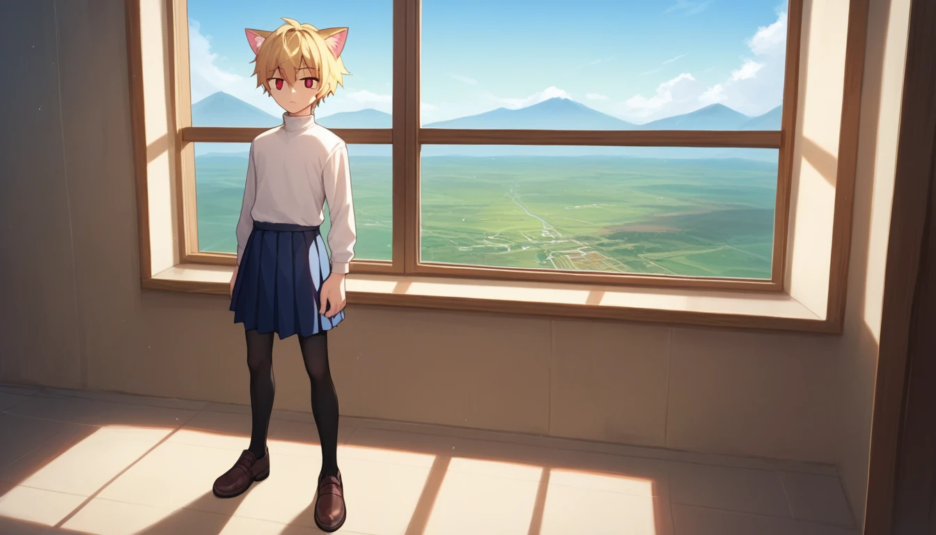 score_9, score_8_up, score_7_up, score_6_up, score_5_up, score_4_up, BREAK, 1boy, solo, necoarc, lit pupils, cat ears, blonde hair, red eyes, :3, turtleneck, blue skirt, pleated skirt, pantyhose, brown footwear, highlight thighs, landscape, inside a room, near a window, standing