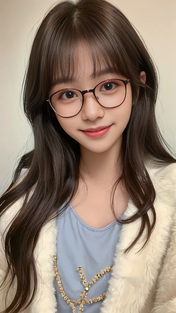 Masterpiece（Close-up shot 1.5）、looking at the camera、(dark skin1.5 )、19 years old、Brown Hair、Loose and fluffy hair、With bangs、Cute Smile、 Beauty with glasses