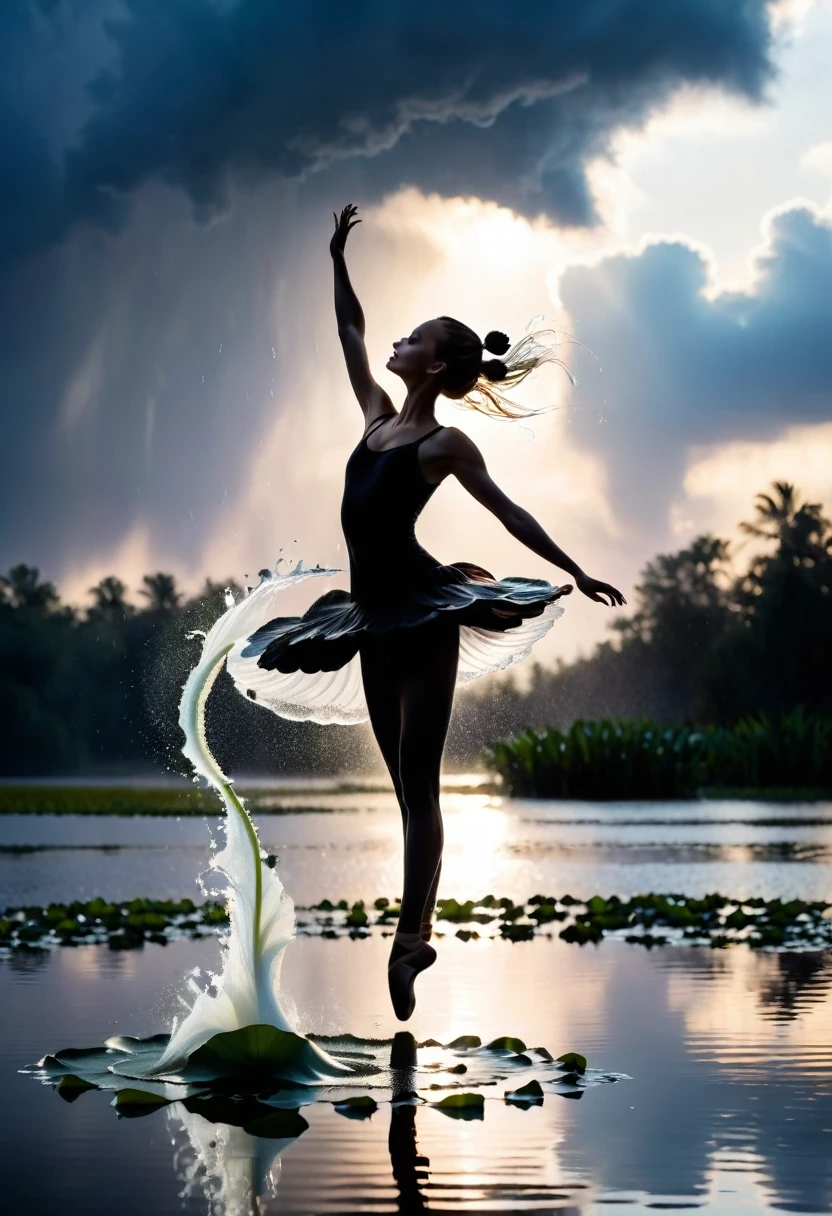 rainstorm，Rain splash，Huge waterspout，Girl shows black silhouette,Contrast with bright background,ballet silhouette,High contrast,Silhouette ballerina on the lake,lotus, lily pad，Shooting against the light，