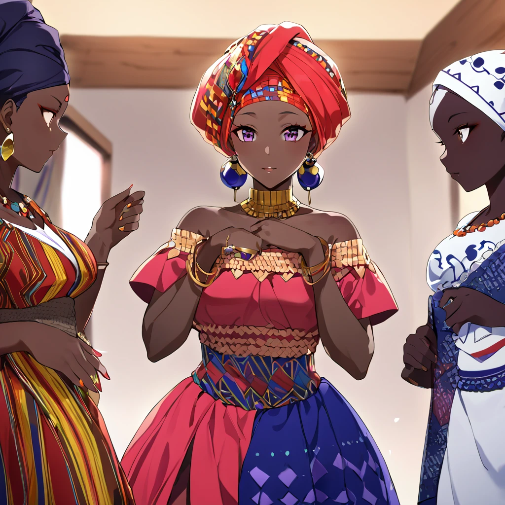 ((Highest quality)), ((masterpiece)), (detailed), （Perfect Face）、The woman is Momo Belia Deviluke, a Ghanaian by birth, with a vibrant dark skin, black by birth, and is wearing a vibrant Ghanaian dress, a vibrant turban head scarf, gorgeous jeweled accessories, and an engagement ring.、The woman is the elegant Momo Belia Deviluke, with short pink bob hair, wearing a colorful Ghanaian dress and a colorful turban head scarf, with vivid dark brown skin, a natural-born black and Ghanaian, Momo Belia Deviluke.、（The woman is a black Ghanaian with vivid dark brown skin.）、The woman is raising children and doing village work with other village girls in her village in Ghana.