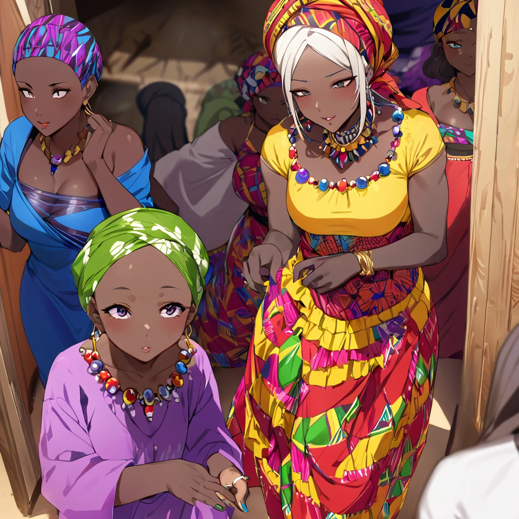 ((Highest quality)), ((masterpiece)), (detailed), (Perfect Face)、The woman is Momo Belia Deviluke, a Ghanaian by birth, with a vibrant dark skin, black by birth, and is wearing a vibrant Ghanaian dress, a vibrant turban head scarf, gorgeous jeweled accessories, and an engagement ring.、The woman is the elegant Momo Belia Deviluke, with short pink bob hair, wearing a colorful Ghanaian dress and a colorful turban head scarf, with vivid dark brown skin, a natural-born black and Ghanaian, Momo Belia Deviluke.、(The woman is a black Ghanaian with vivid dark brown skin.)、The woman is raising children and doing village work with other village girls in her village in Ghana.