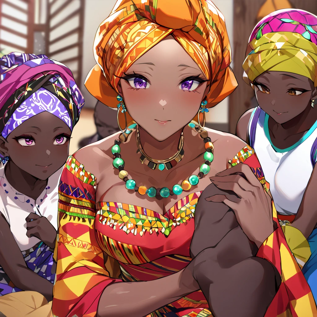 ((Highest quality)), ((masterpiece)), (detailed), （Perfect Face）、The woman is Momo Belia Deviluke, a Ghanaian by birth, with a vibrant dark skin, black by birth, and is wearing a vibrant Ghanaian dress, a vibrant turban head scarf, gorgeous jeweled accessories, and an engagement ring.、The woman is the elegant Momo Belia Deviluke, with short pink bob hair, wearing a colorful Ghanaian dress and a colorful turban head scarf, with vivid dark brown skin, a natural-born black and Ghanaian, Momo Belia Deviluke.、（The woman is a black Ghanaian with vivid dark brown skin.）、The woman is raising children and doing village work with other village girls in her village in Ghana.