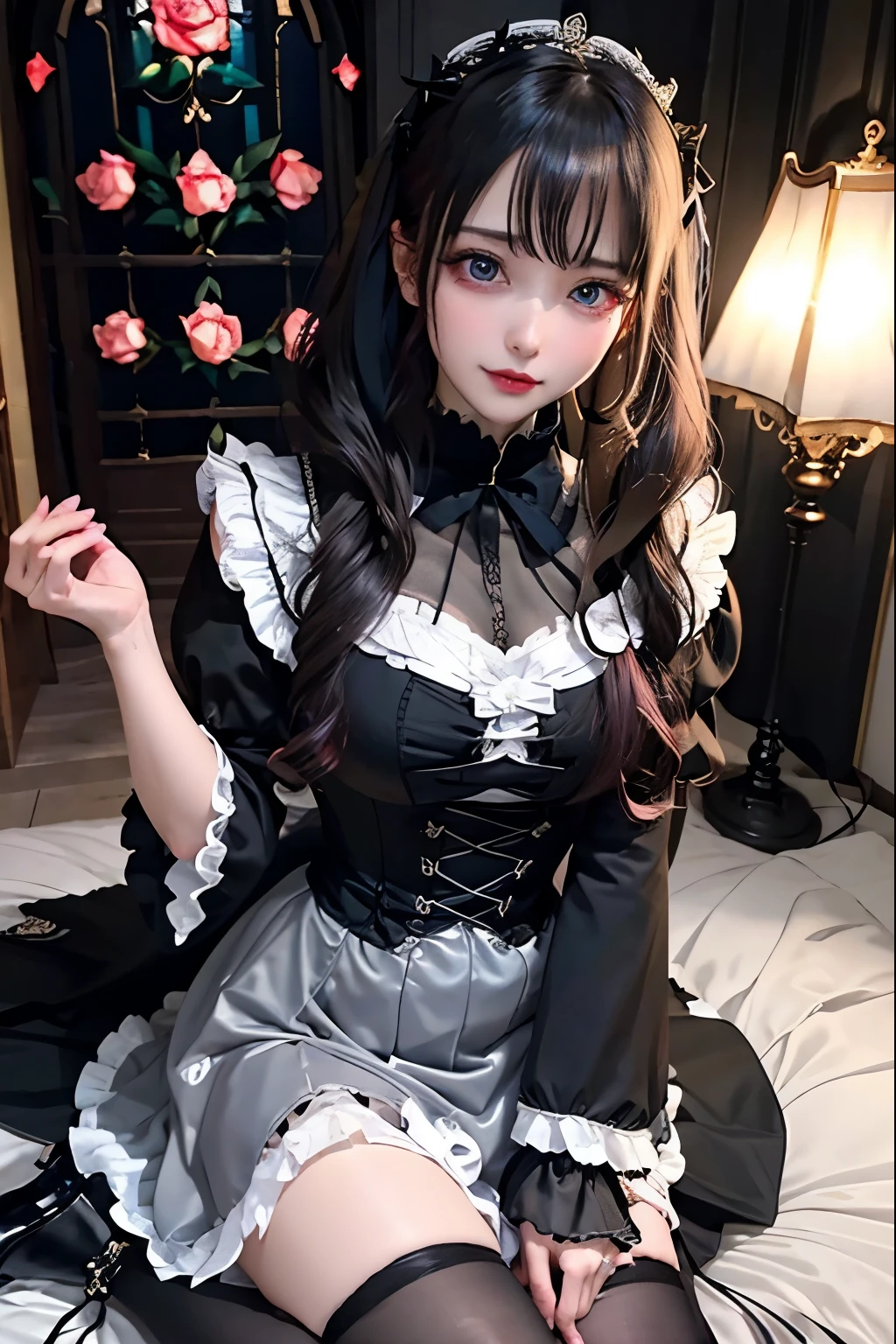 Hard Dark Gothic Makeup、Black dark eyeshadow、sad、Good skin radiance、Dark Gothicメイク、Dark smile、palace、The beauty of fragrance、24-years-old、Expression of intense sexual pleasure、Embarrassed look、Dark Gothic、Highest quality、Expression of sexual pleasure amid suffering、Drunk face、紫のMaid clotheysterious、Noble、sexy、Loving smile、Twin tail hair、Right blue eye, Left eye is red、Super tempting pose、Platform Heel Shoes、Heavy makeup、Gothic ta clothes、Silver Hair、Long Hair Straight Hair、Cute Gothic Loliress、Beautiful Face、elegant features、Attractive face、Stained glass is the background、Chest glistening with sweat、The room is dark、goth long dress、Bell Sleeves、Wizard Sleeve、Decadent look、Sexually excited expression、Glossy thighs wet with water、Thighs that are wet and shiny with oil、Background of a room full of roses、sad expression、Rose Maiden、The embroidery is pink、The dress has pink embroidery.、Thigh-high socks、Knee-high socks、Gentle expression、Dark black eyeshadow、Stained glass and rose background、thighs are a little thin、Female Duo、Female couple、dark church background、Stained glass、Black metal world、Dark Castle、Dark Room、Slender body、gothic long dress、Victorian dress、Small breasts、Hold the wine in your right hand、Hold the lantern in your left hand、pantyhose、The bed is covered with roses、Her thighs are shining with sweat、My body is wet and shiny、Lots of glitter on the thighs、sweating、My thighs are sticky from sweating、Sweat glistening on my thighs, The whole body is sweaty and shiny、I sweated a lot.、My thighs are sweaty、My thighs are wet、My thighs are shining with sweat、A lot of sweat glistening all over the body、Slender body、Put your head on the pillow、Sleeping on a bed、Beautiful legs、Stretching legs、Lie down in bed、Lie on your back in bed、
