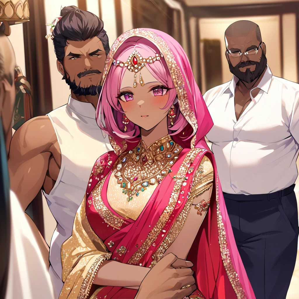 ((Highest quality)), ((masterpiece)), (detailed), （Perfect Face）、The woman is a Hindu Indian named Momo Belia Deviluke with vivid brown skin and a red bindi on her forehead. She is wearing a gorgeous and dazzling traditional Indian wedding dress, a colorful sari, a gorgeous and colorful thottu, a colorful hijab, a bindi, a gorgeous hair ornament, gorgeous jeweled accessories, and an engagement ring, in a luxurious Indian mansion. The woman and the man are in a luxurious palace, and the woman is being held by a middle-aged Indian man with a muscular beard and wearing Indian traditional clothing, who is showing off his gorgeously dressed and beautiful wife to others, as he brags about her.、The woman is an elegant Momo Belia Deviluke with pink hair, short bob hair, wearing a colorful sari and a colorful hijab, bright brown skin, a red bindi on her forehead, and a Hindu Indian Momo Belia Deviluke.、（The woman is Momo Belia Deviluke, a dark-skinned Indian.）、The man is a dignified, muscular, bearded, middle-aged Hindu Indian man wearing traditional Indian clothing.