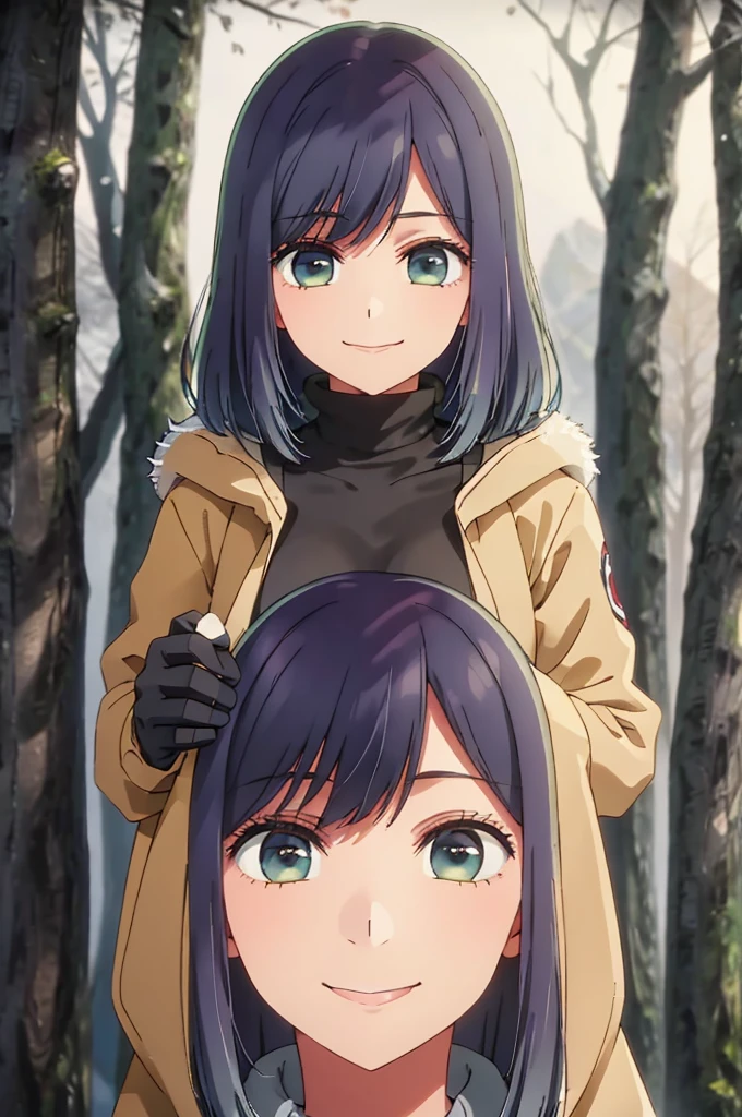 girl, jeans, beige puffer coat, smile, snow, forest, black gloves