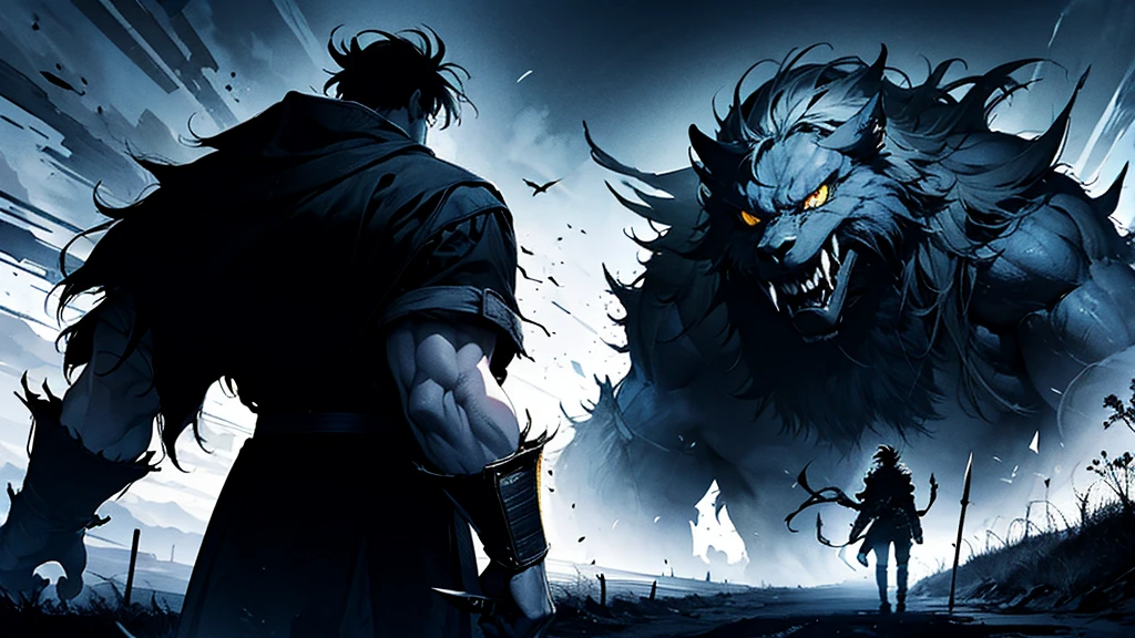 cheered up, a man in a blue robe walks towards a giant monster, muscular werewolf, a minotaur wolf, of the cryptic academy, badass cheered up 8 k, cheered up epic artwork, fenrir, gloomy - wolf, werewolf", riding a giant silver wolf, manga wallpaper 4k, a sinister fantasy illustration, epic cheered up style, Nine Tails