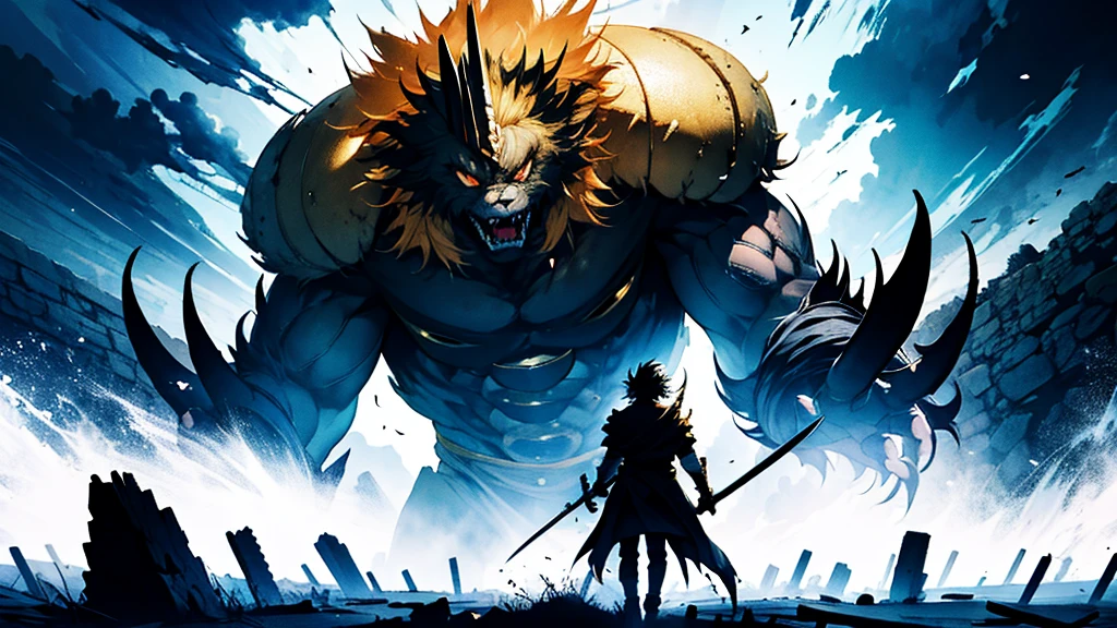 A heroic anime character stands tall and defiant, facing a colossal monster in a dramatic showdown. The perspective is from behind the character, capturing the scene from their viewpoint as they look up at the towering beast. The character is clad in detailed, shining golden armor, holding a sword in each hand. An aura of golden light radiates from the character, reminiscent of Goku's aura from Dragon Ball. The monster is massive and intimidating, with sharp claws, fangs, and a menacing presence. The background is a desolate landscape, with a moody, ominous sky, adding to the tension of the imminent battle. Render this scene in 8K resolution, aiming for a masterpiece level of detail and quality.