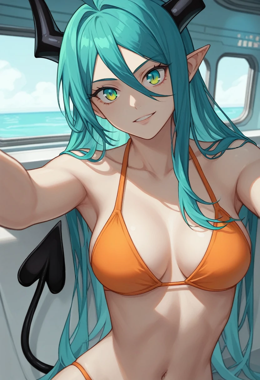 score_9, score_8_up, score_7_up,1 daemon woman, black demon horns, black demon tail, (aquamarine hair),aquamarine green color hair,ahoge, long hair, (long hair),bangs, light orange bikini, bikini is orange, bikini orange, orange bikini!, (aquamarine eyes), background is spaceship, aquamarine eyes, 1woman ,facing viewer, daemon girl, close up,Well-endowed, alone, Spacecraft interior, sexy pose