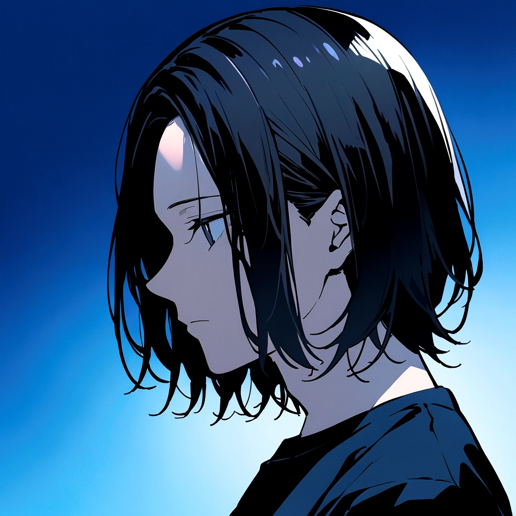 male、Beautifully straight, center parted、male、Medium black hair、profile、profileの待ち受け、黒髪のCenter part that exposes the forehead・profileのイラストアイコン,Black hair center part、Flat painting - Portrait:30代前半のmaleで、Hair should be parted in the center。 ·atmosphere:It has a stylish atmosphere.、Simple fill、With a bright feeling、Center part that exposes the forehead,Blue background、For SNS icons、T-Shirts、Solid blue background
