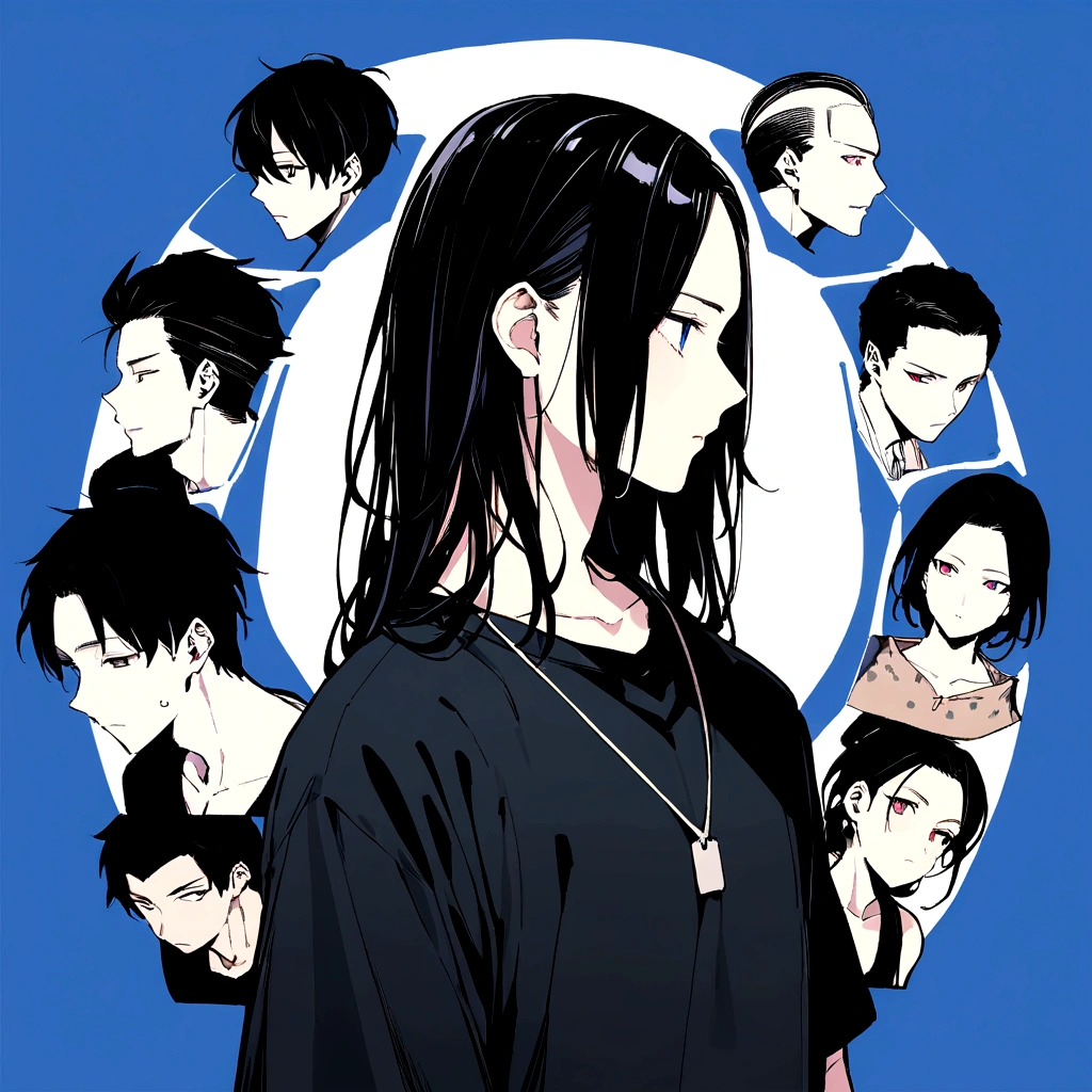 male、Beautifully straight, center parted、male、Medium black hair、profile、profileの待ち受け、黒髪のCenter part that exposes the forehead・profileのイラストアイコン,Black hair center part、Flat painting - Portrait:30代前半のmaleで、Hair should be parted in the center。 ·atmosphere:It has a stylish atmosphere.、Simple fill、With a bright feeling、Center part that exposes the forehead,Blue background、For SNS icons、T-Shirts、Solid blue background