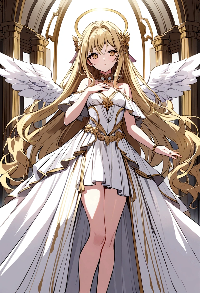 "An anime-style highly detailed image of a female angel with exaggerated proportions and curves, inspired by fantasy characters with voluptuous figures. The angel has large, glowing white wings, and wears a highly detailed white and gold very small outfit. Her body shows highly exaggerated curves, with a powerful and graceful presence. The background is celestial, filled with light and clouds, and her pose emphasizes her elegant, exaggerated form and divine beauty." Senos grandes, Alta resolución, 