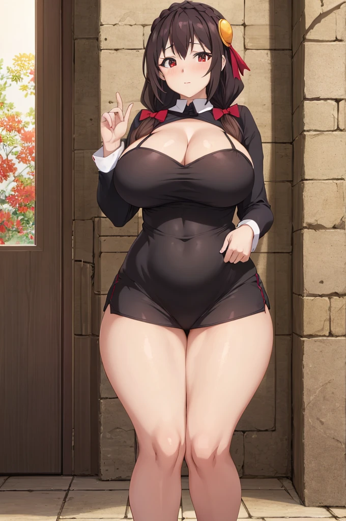 masterpiece, best quality, highres, yunyun1, 1girl, red eyes, solo, long hair, , massive breasts, wide hips, big thighs,, hair ornament, black hair, hair bow, , brown hair, twintails, micro bikini ,very, thicc thighs, fat thighs, huge breast