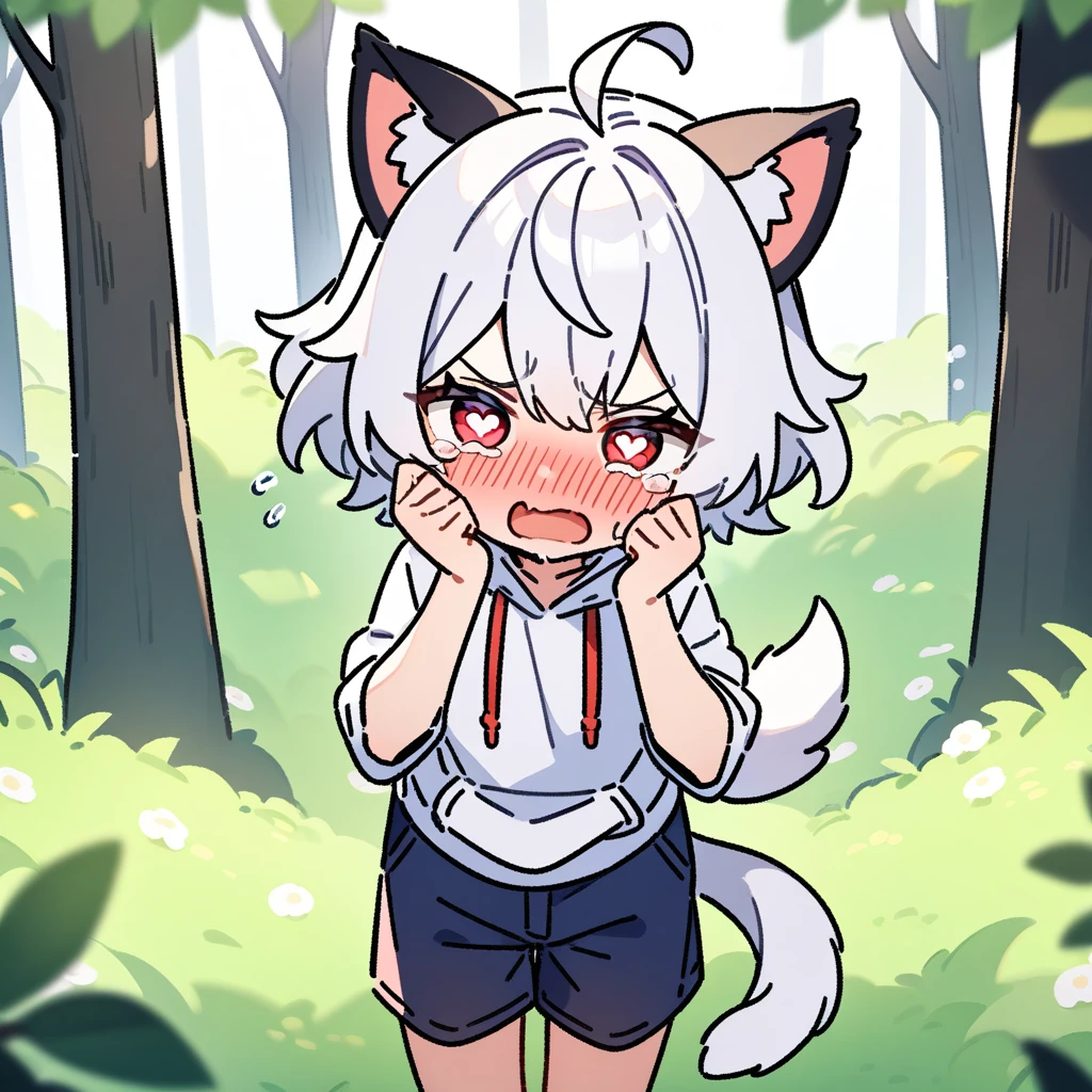 （masterpiece：1.2，high quality），8K，High resolution，A -year-boy，c boy，white hair，short hair，red eyes，heart-shaped pupils， ahoge，cat ears，full-face blush，pain，angry，tears，skin fang，Halation，Wearing a white hoodie，Dark blue shorts，Pee，Stand in the forest，There are flowering trees on both sides.，primary scho，dog tail，（Put your hands in your pockets）